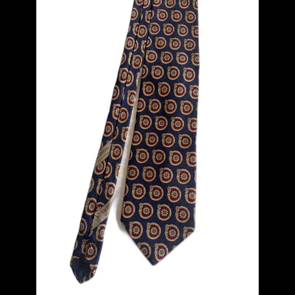 Vintage Valentino Cravatte Silk Tie Made in Italy Wide 4" Navy Medallion